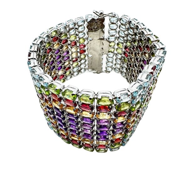 Luxury Wide Multi Gemstone Sterling Silver Bracelet 122 Grams 7.5 Inch - Picture 5 of 6